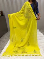 Katha sequence mulcotton saree|Lemon yellow|KSMC002