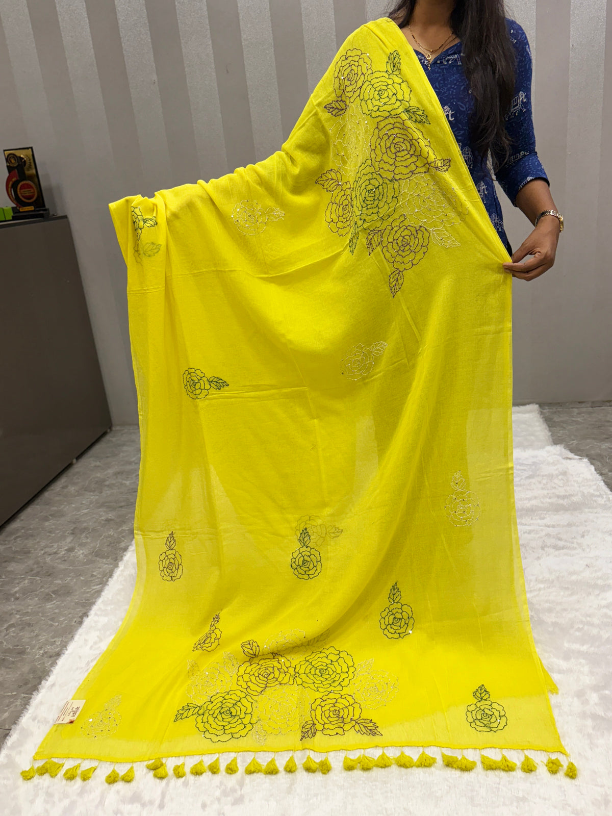 Katha sequence mulcotton saree|Lemon yellow|KSMC002