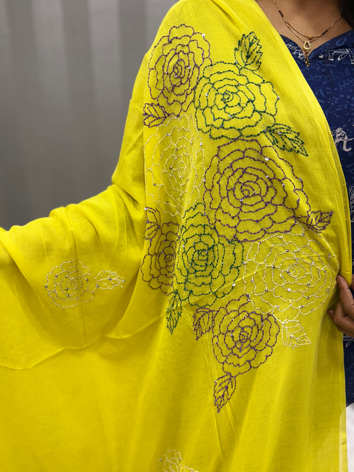 Katha sequence mulcotton saree|Lemon yellow|KSMC002