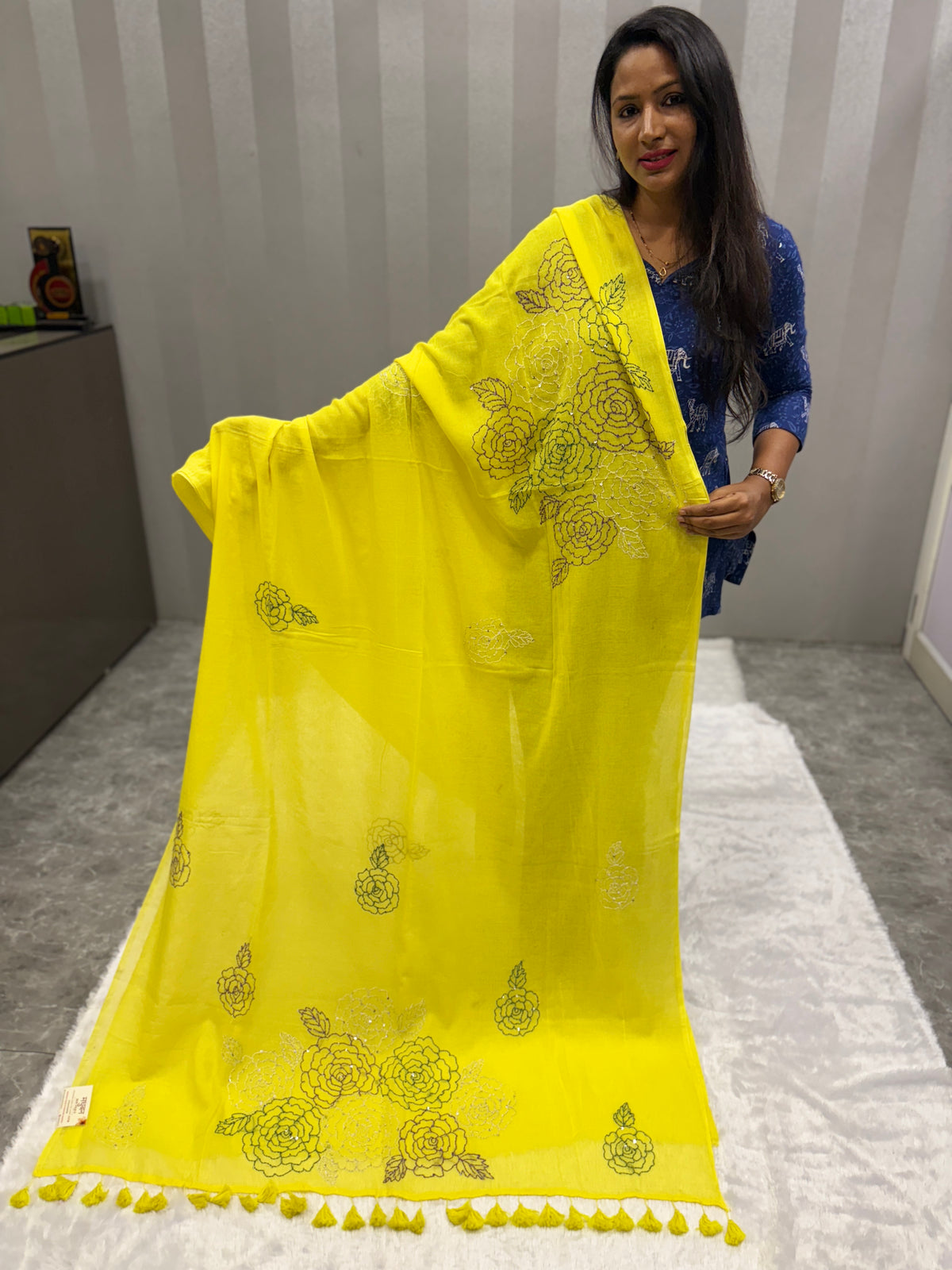 Katha sequence mulcotton saree|Lemon yellow|KSMC002