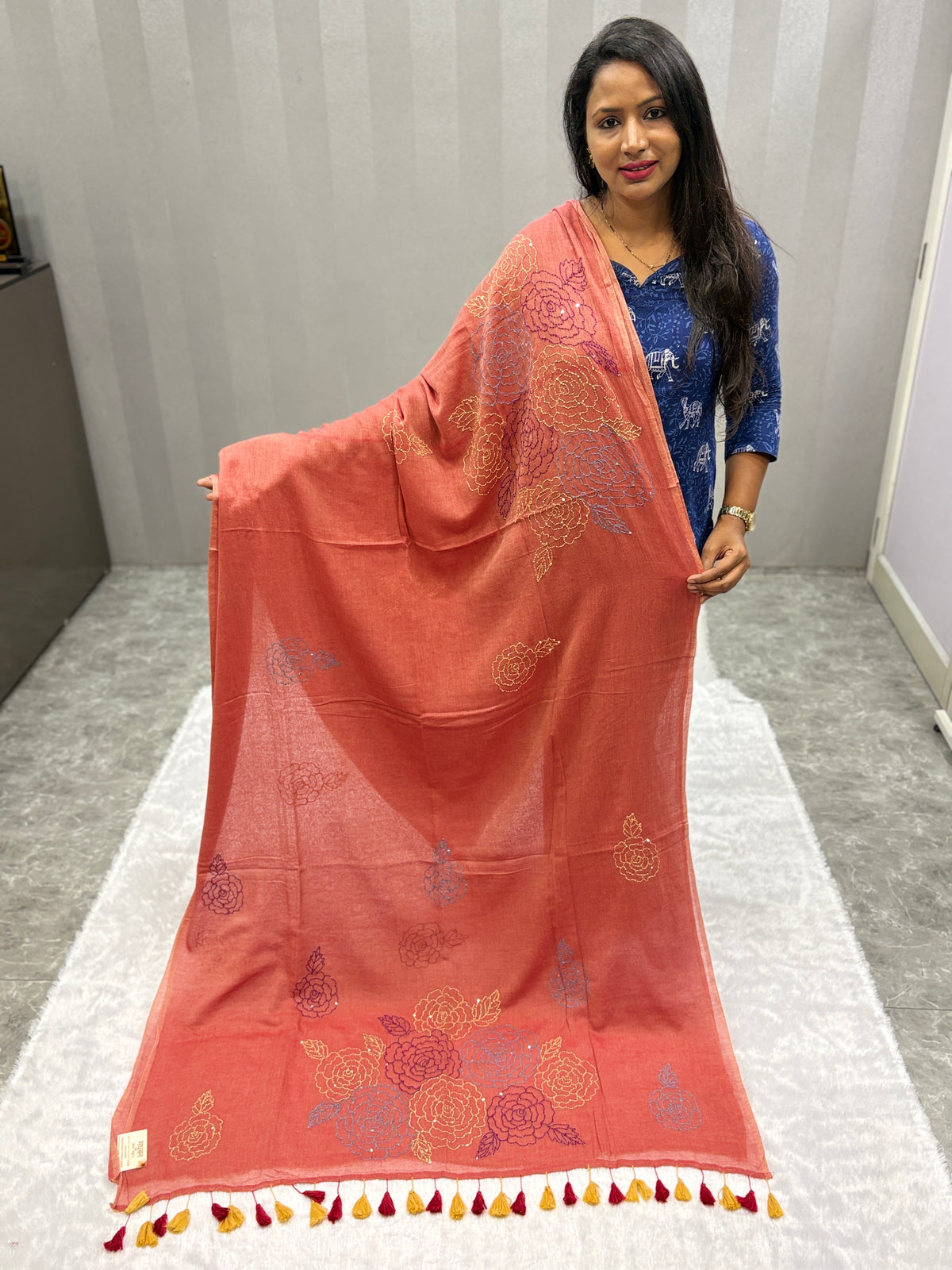 Katha sequence mulcotton saree|Peach|KSMC004