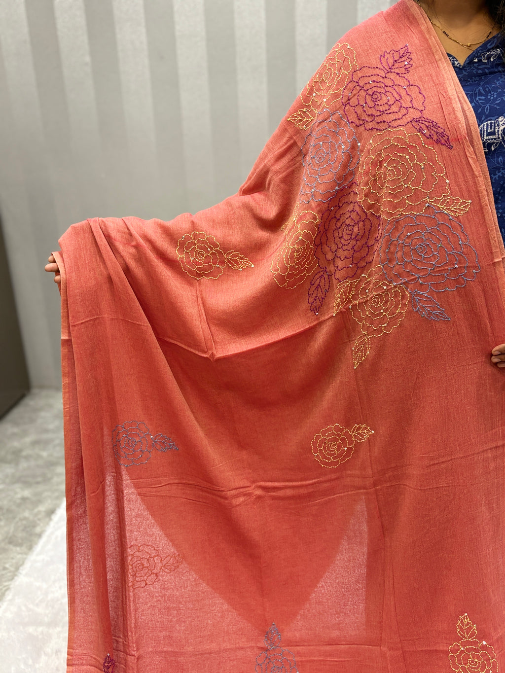 Katha sequence mulcotton saree|Peach|KSMC004