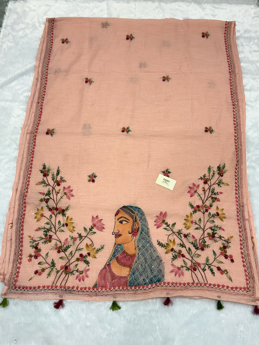 Lady face handpainted and hardwork linen saree|Peach|HPHWL001