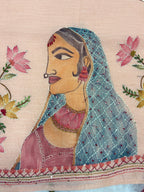 Lady face handpainted and hardwork linen saree|Peach|HPHWL001