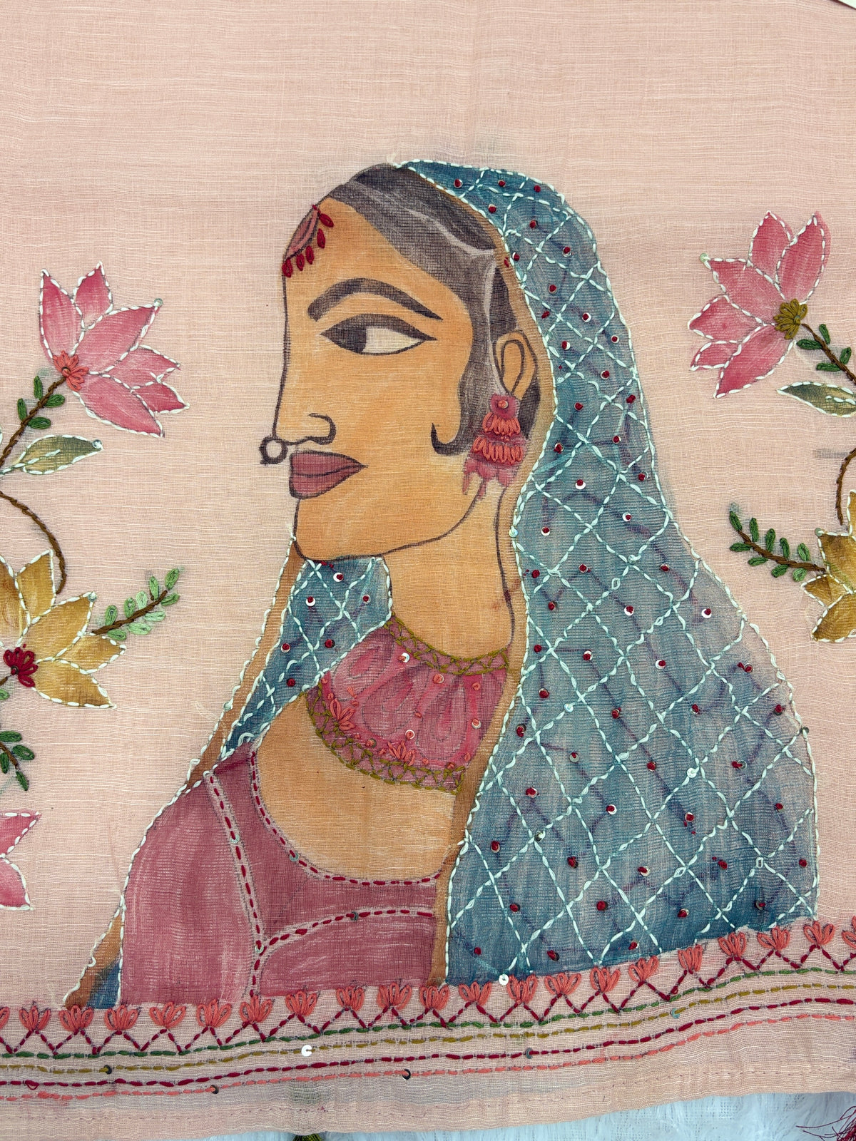 Lady face handpainted and hardwork linen saree|Peach|HPHWL001