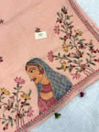Lady face handpainted and hardwork linen saree|Peach|HPHWL001