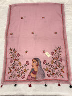 Lady face handpainted and hardwork linen saree|Pink|HPHWL002