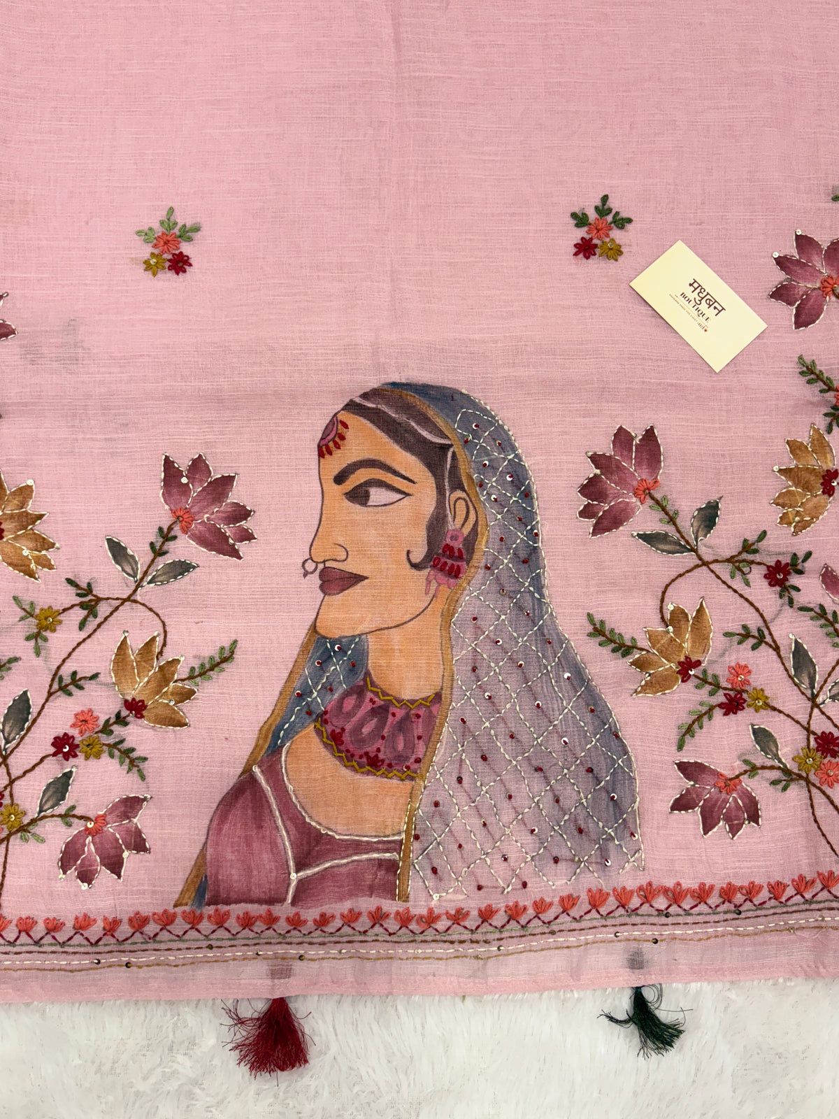 Lady face handpainted and hardwork linen saree|Pink|HPHWL002