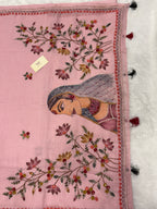 Lady face handpainted and hardwork linen saree|Pink|HPHWL002