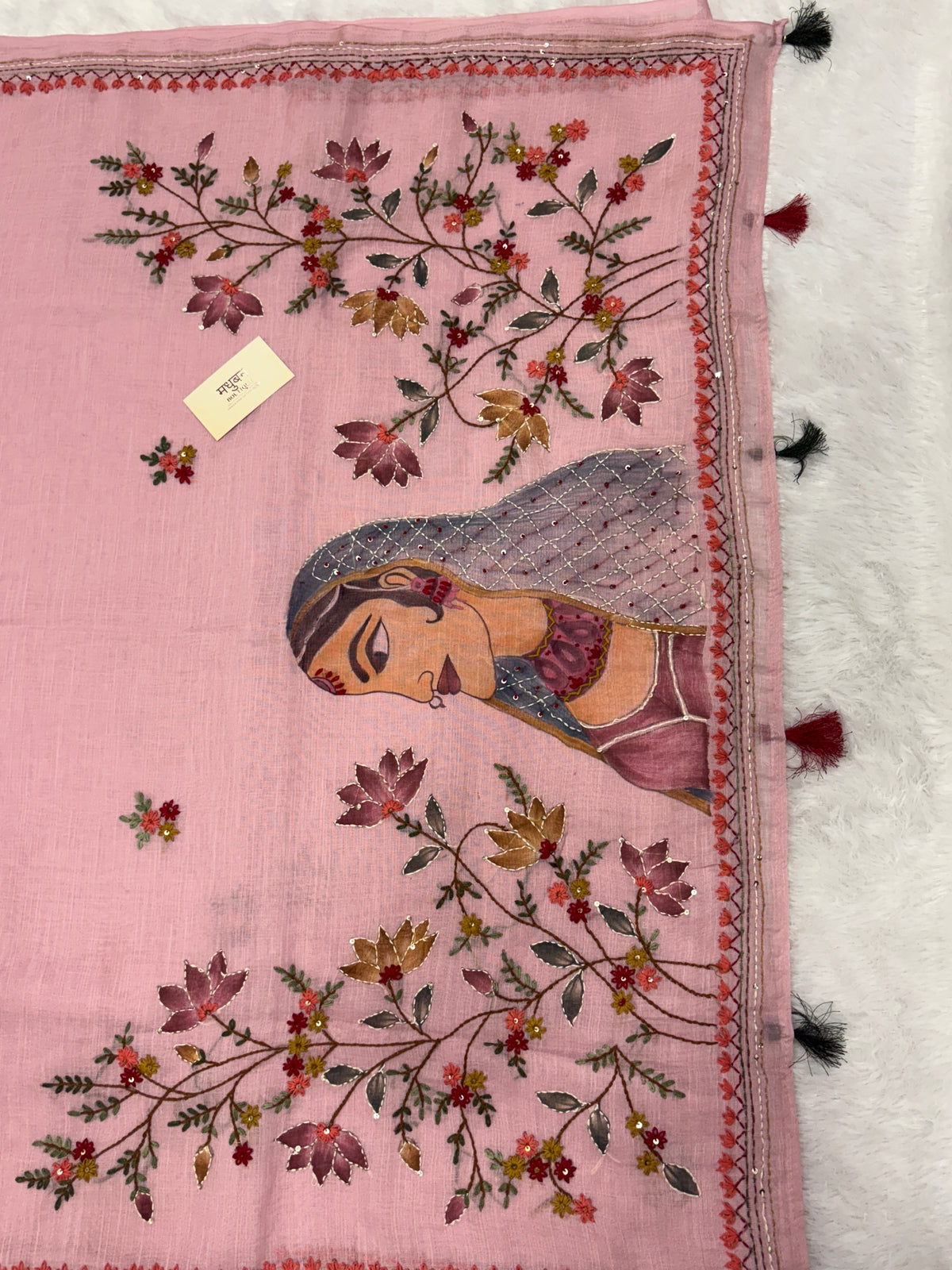 Lady face handpainted and hardwork linen saree|Pink|HPHWL002