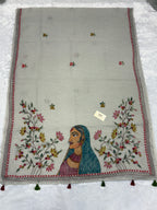 Lady face handpainted and hardwork linen saree|Grey|HPHWL003