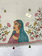 Lady face handpainted and hardwork linen saree|Grey|HPHWL003
