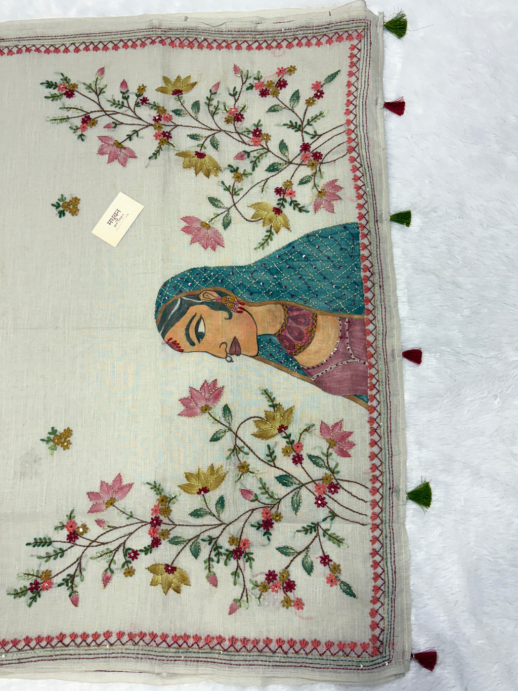 Lady face handpainted and hardwork linen saree|Grey|HPHWL003