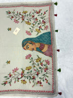 Lady face handpainted and hardwork linen saree|Grey|HPHWL003
