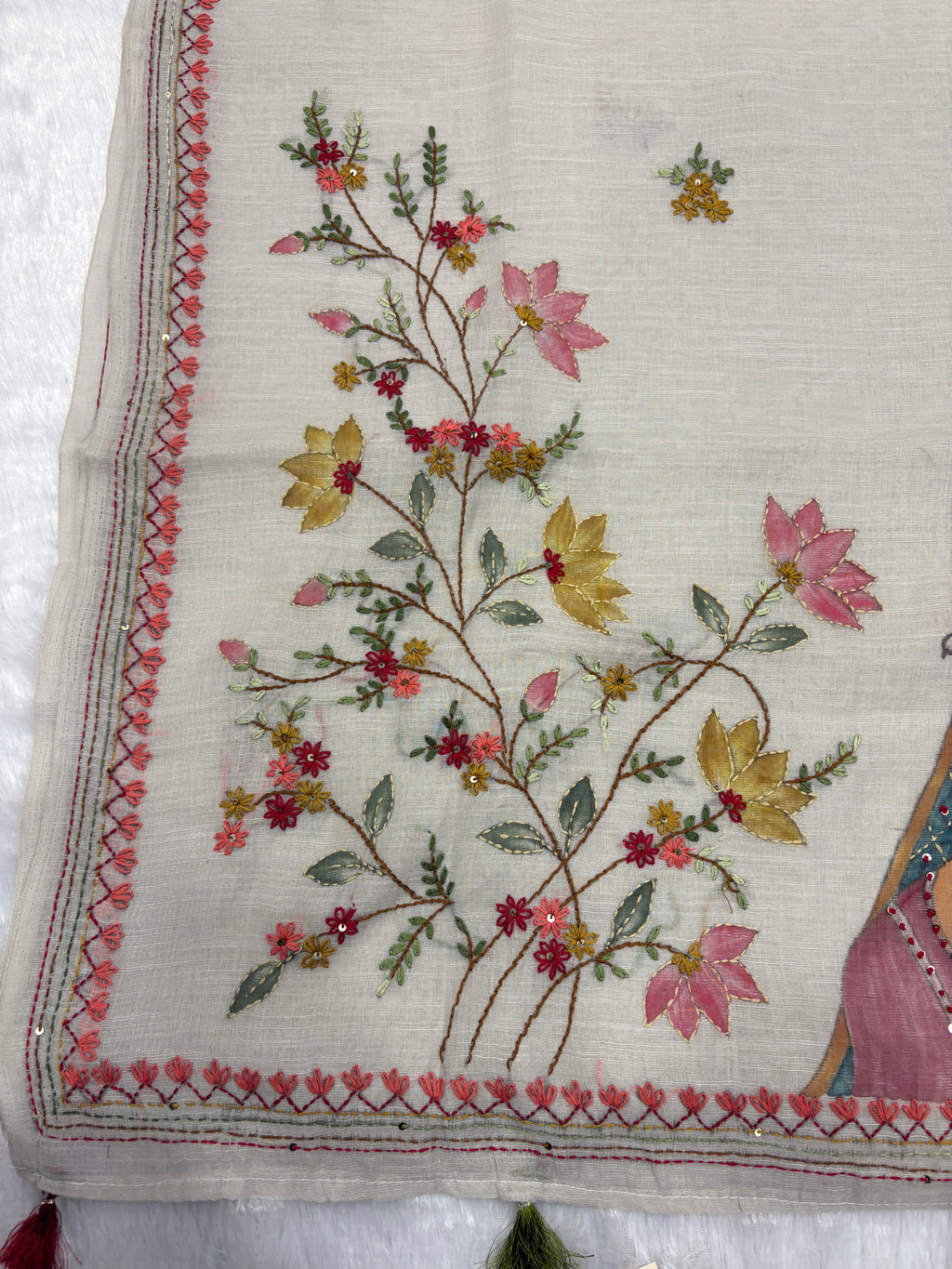 Lady face handpainted and hardwork linen saree|Grey|HPHWL003