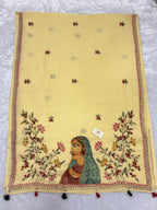 Lady face handpainted and hardwork linen saree|Lemon yellow|HPHWL004