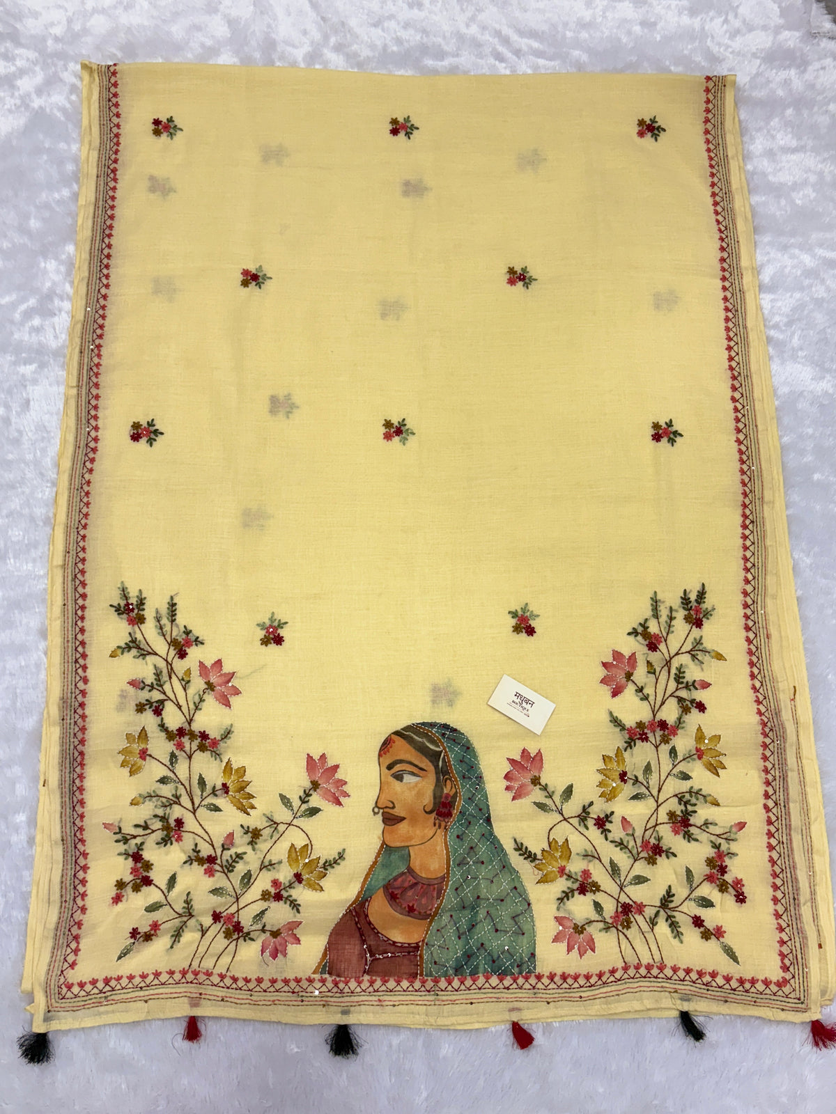 Lady face handpainted and hardwork linen saree|Lemon yellow|HPHWL004