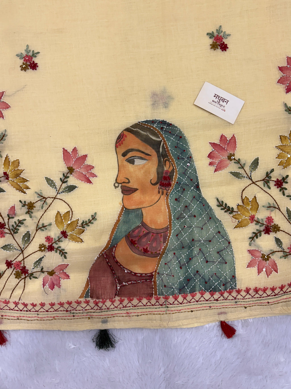 Lady face handpainted and hardwork linen saree|Lemon yellow|HPHWL004