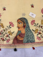 Lady face handpainted and hardwork linen saree|Lemon yellow|HPHWL004