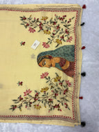 Lady face handpainted and hardwork linen saree|Lemon yellow|HPHWL004