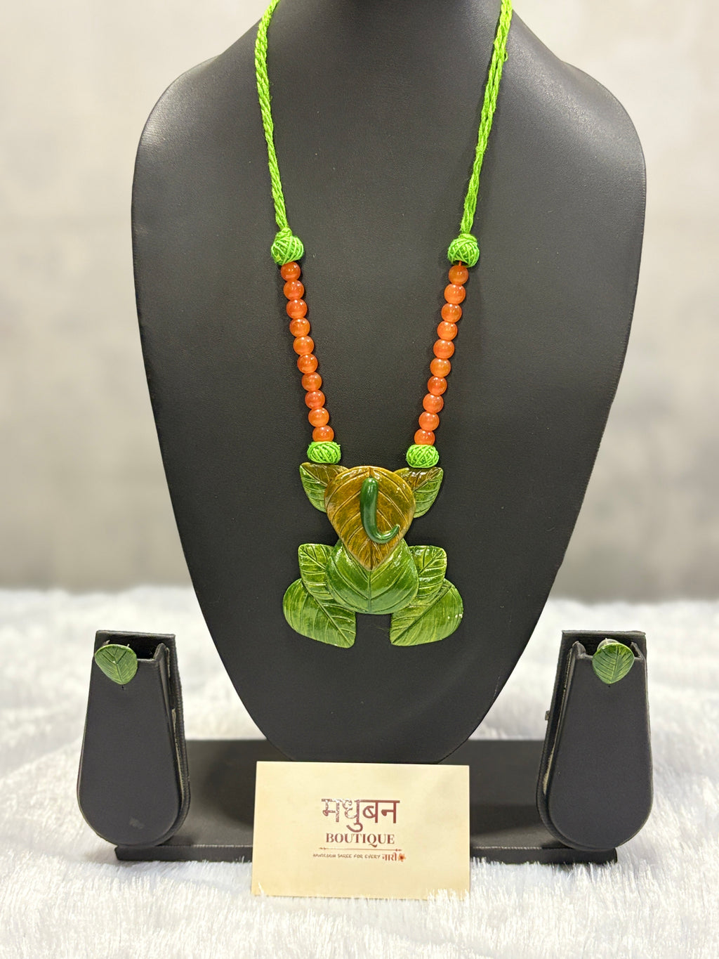 Polymer clay green leaf Ganpati neckpiece| CJG001
