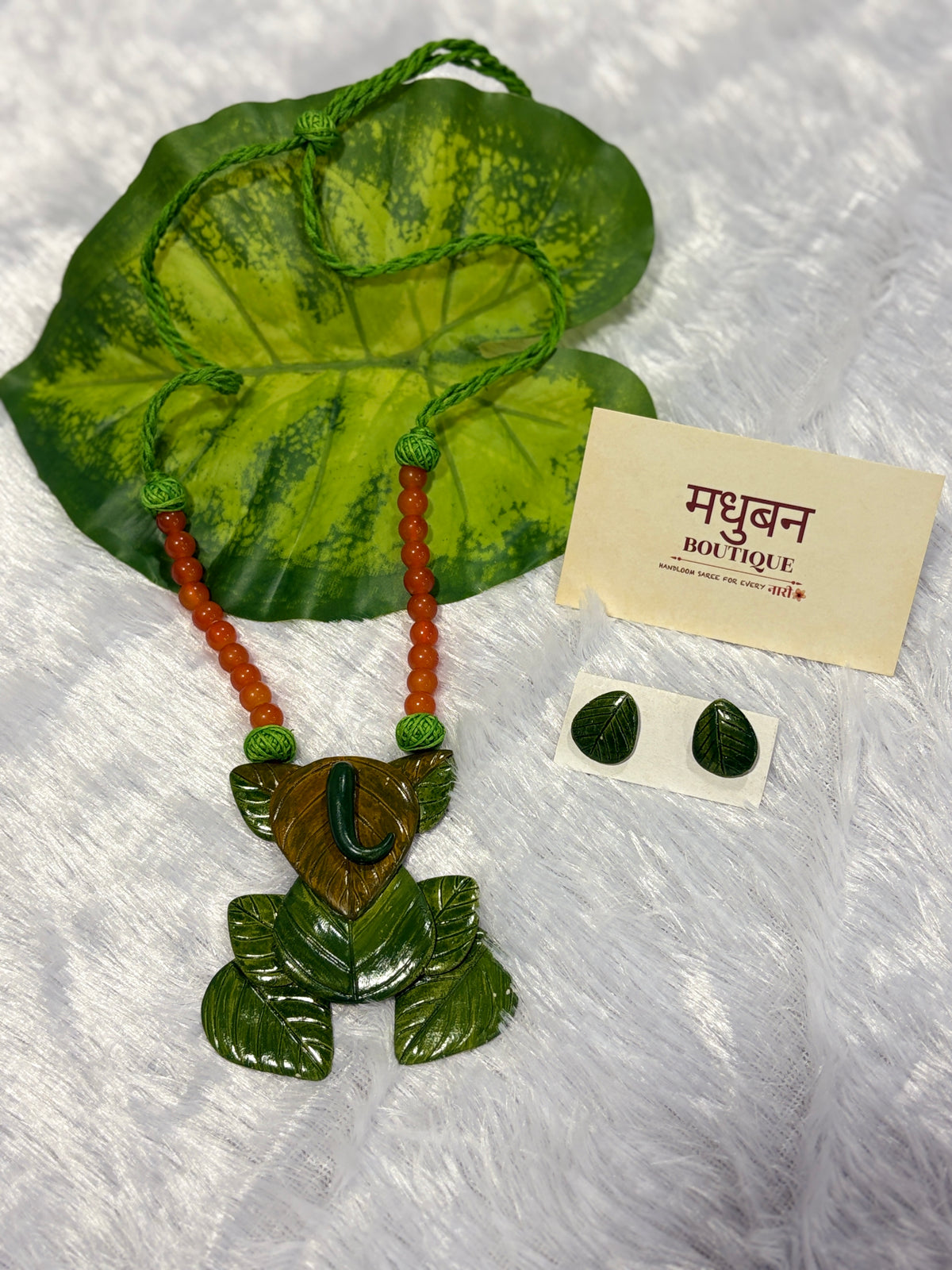 Polymer clay green leaf Ganpati neckpiece| CJG001
