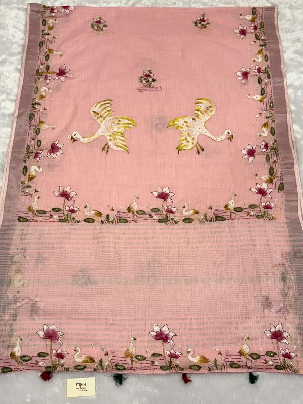 Swan handpainted and hardwork linen saree|Pink
