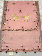 Swan handpainted and hardwork linen saree|Pink