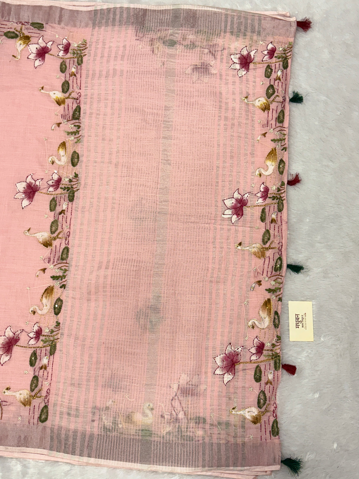 Swan handpainted and hardwork linen saree|Pink
