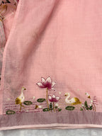 Swan handpainted and hardwork linen saree|Pink
