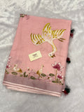 Swan handpainted and hardwork linen saree|Pink