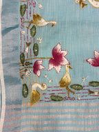 Swan handpainted and hardwork linen saree|sky blue