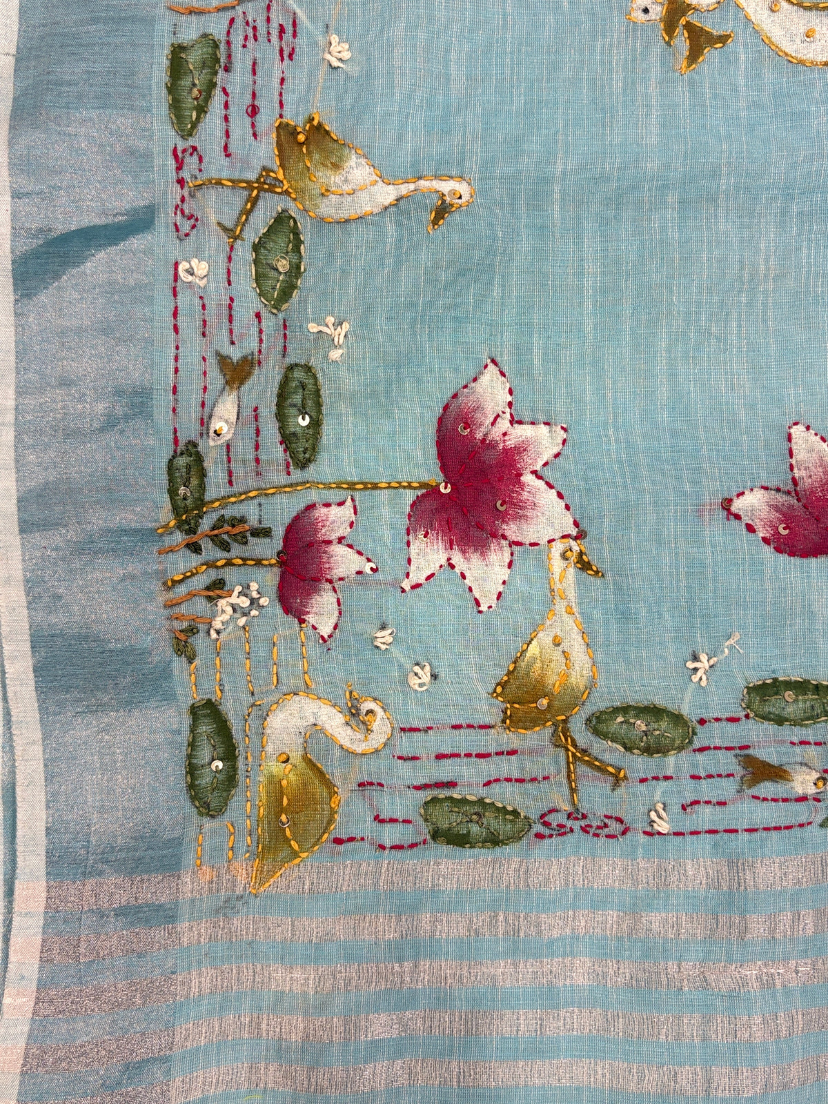 Swan handpainted and hardwork linen saree|sky blue