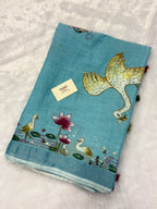 Swan handpainted and hardwork linen saree|sky blue
