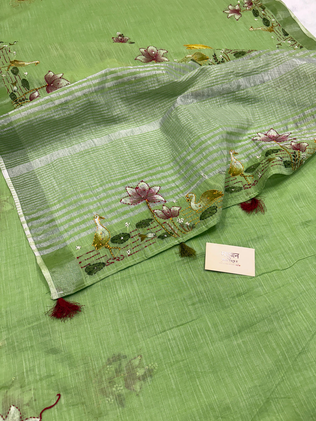 Swan handpainted and hardwork linen saree|green