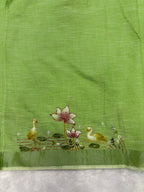 Swan handpainted and hardwork linen saree|green