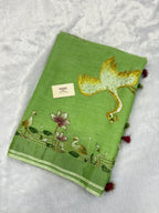 Swan handpainted and hardwork linen saree|green