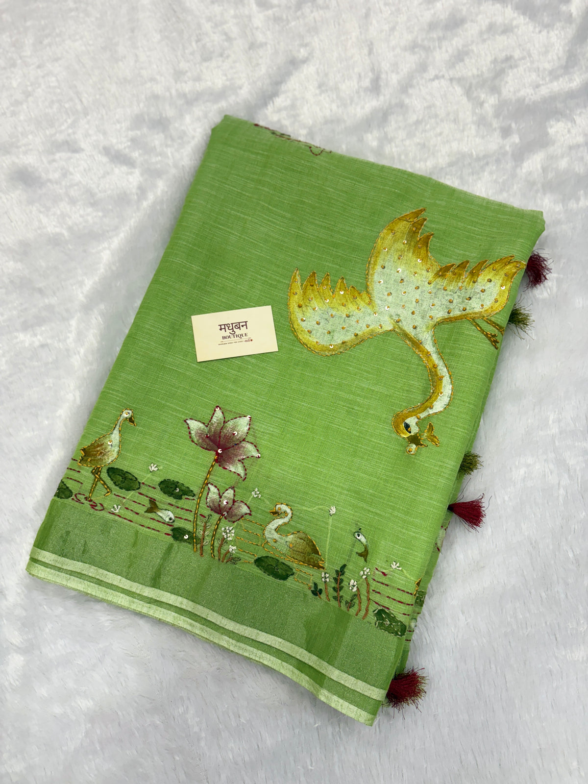 Swan handpainted and hardwork linen saree|green