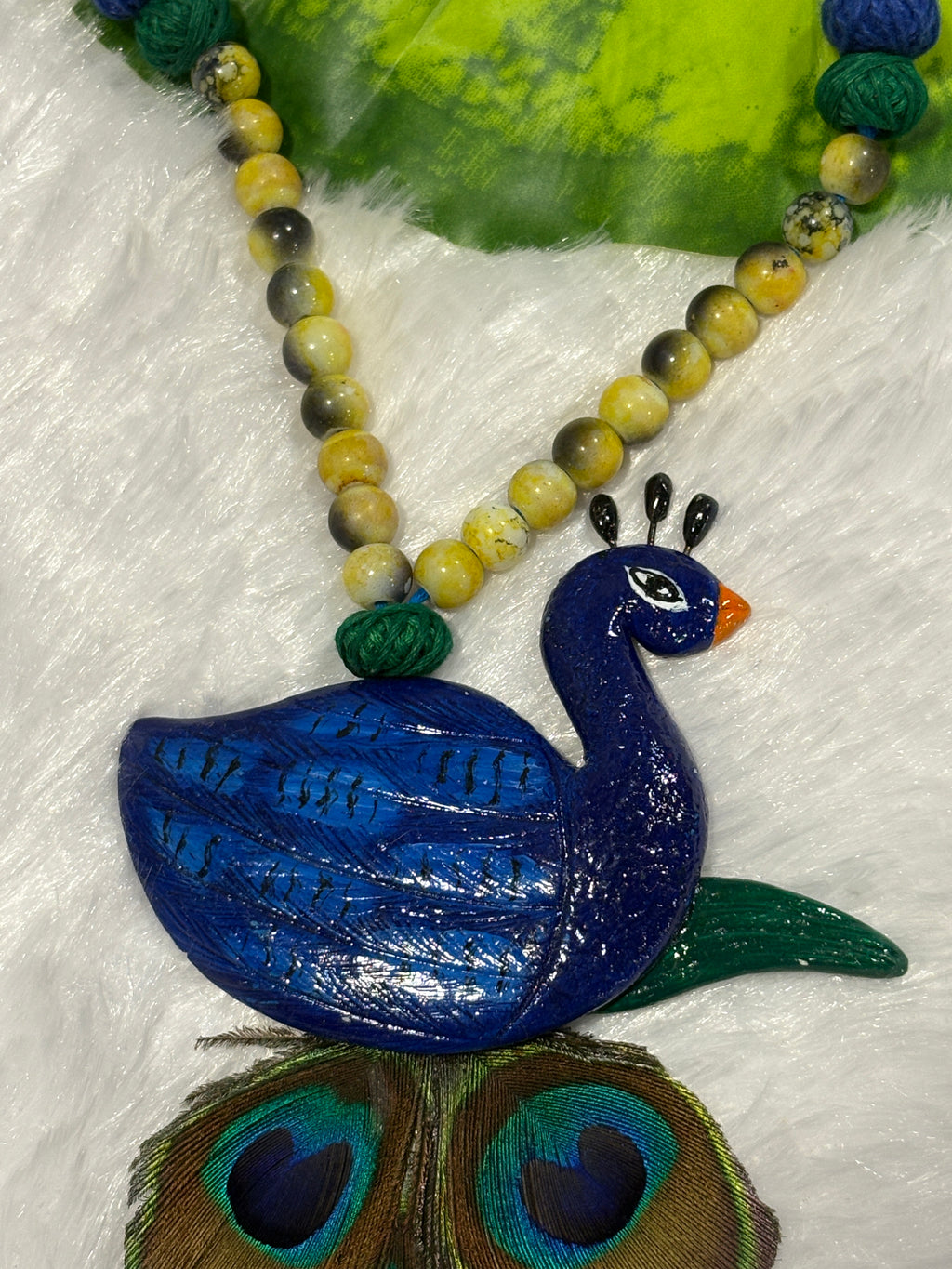 Polymer clay Peacock neckpiece with real peacock feathers| CJP001