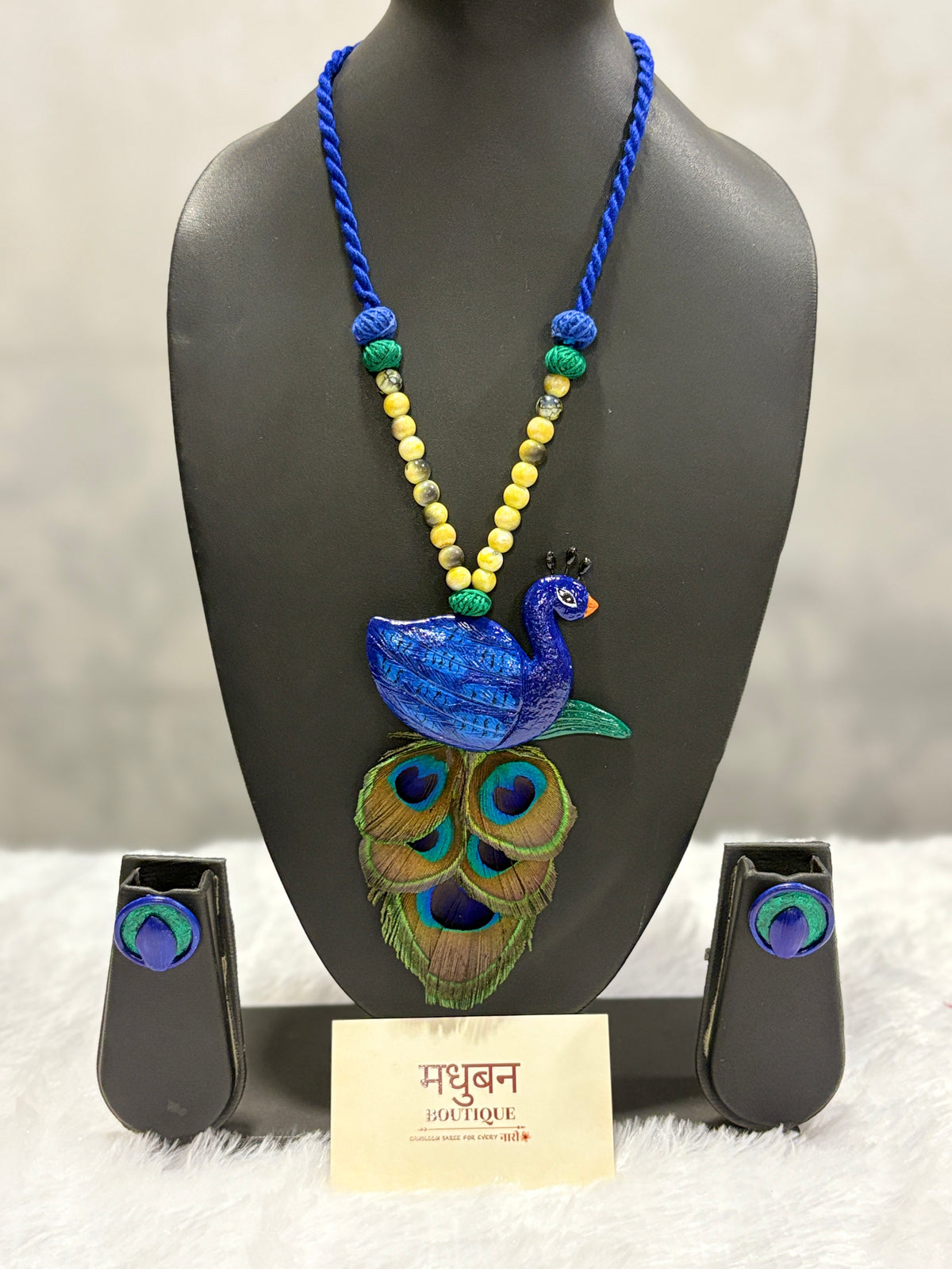 Polymer clay Peacock neckpiece with real peacock feathers| CJP001