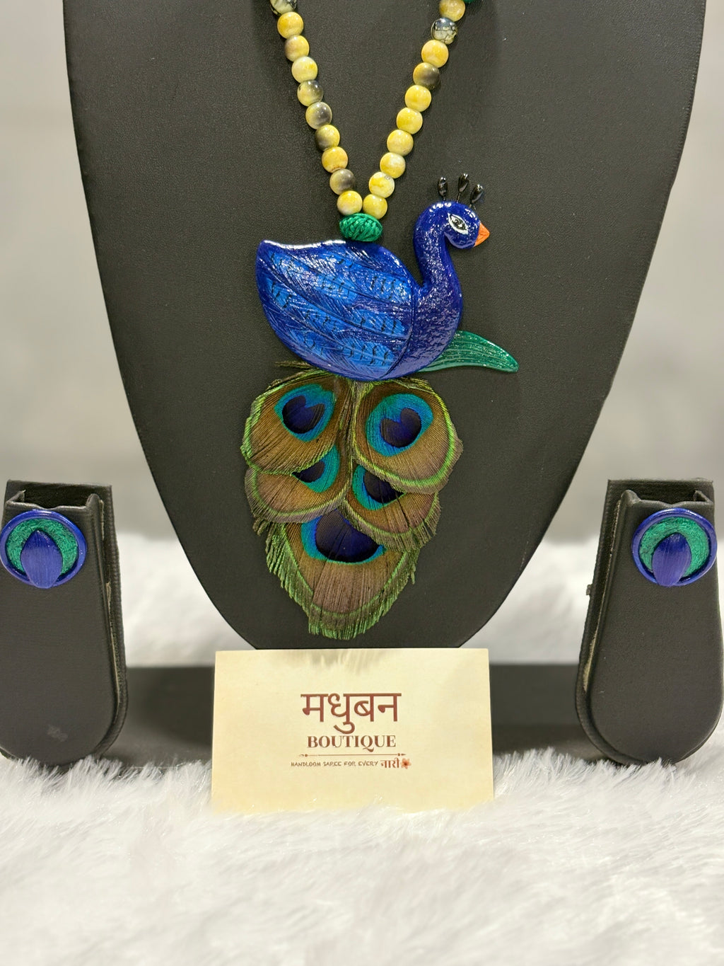 Polymer clay Peacock neckpiece with real peacock feathers| CJP001