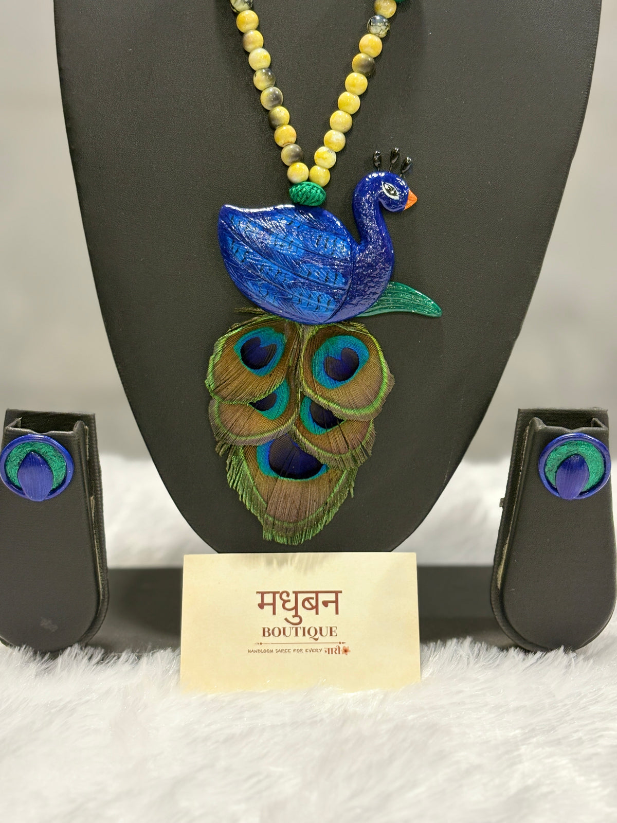 Polymer clay Peacock neckpiece with real peacock feathers| CJP001
