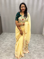 Lady face handpainted and hardwork linen saree|Lemon yellow|HPHWL004