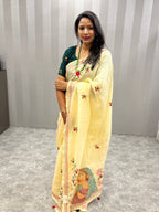 Lady face handpainted and hardwork linen saree|Lemon yellow|HPHWL004