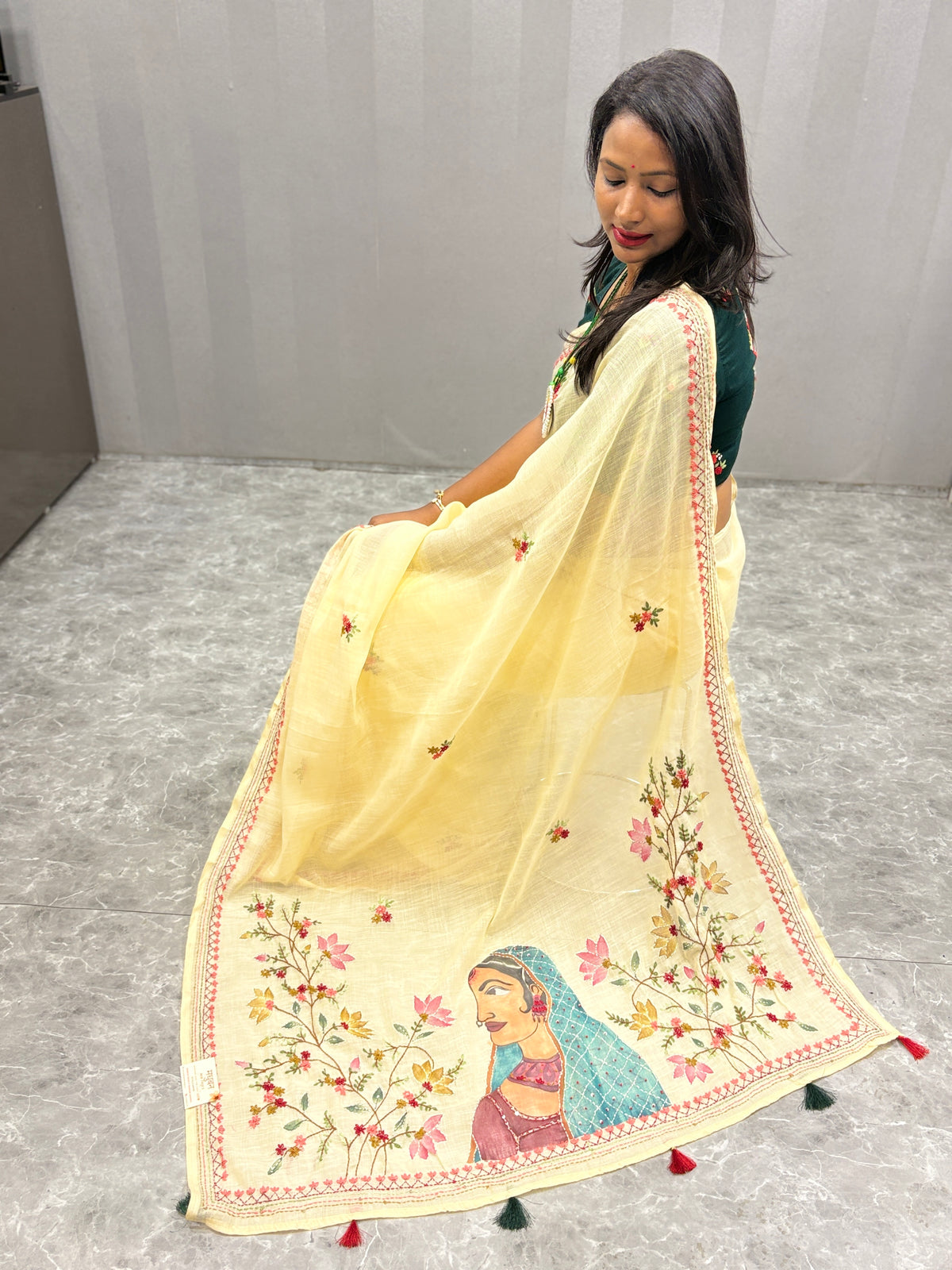 Lady face handpainted and hardwork linen saree|Lemon yellow|HPHWL004