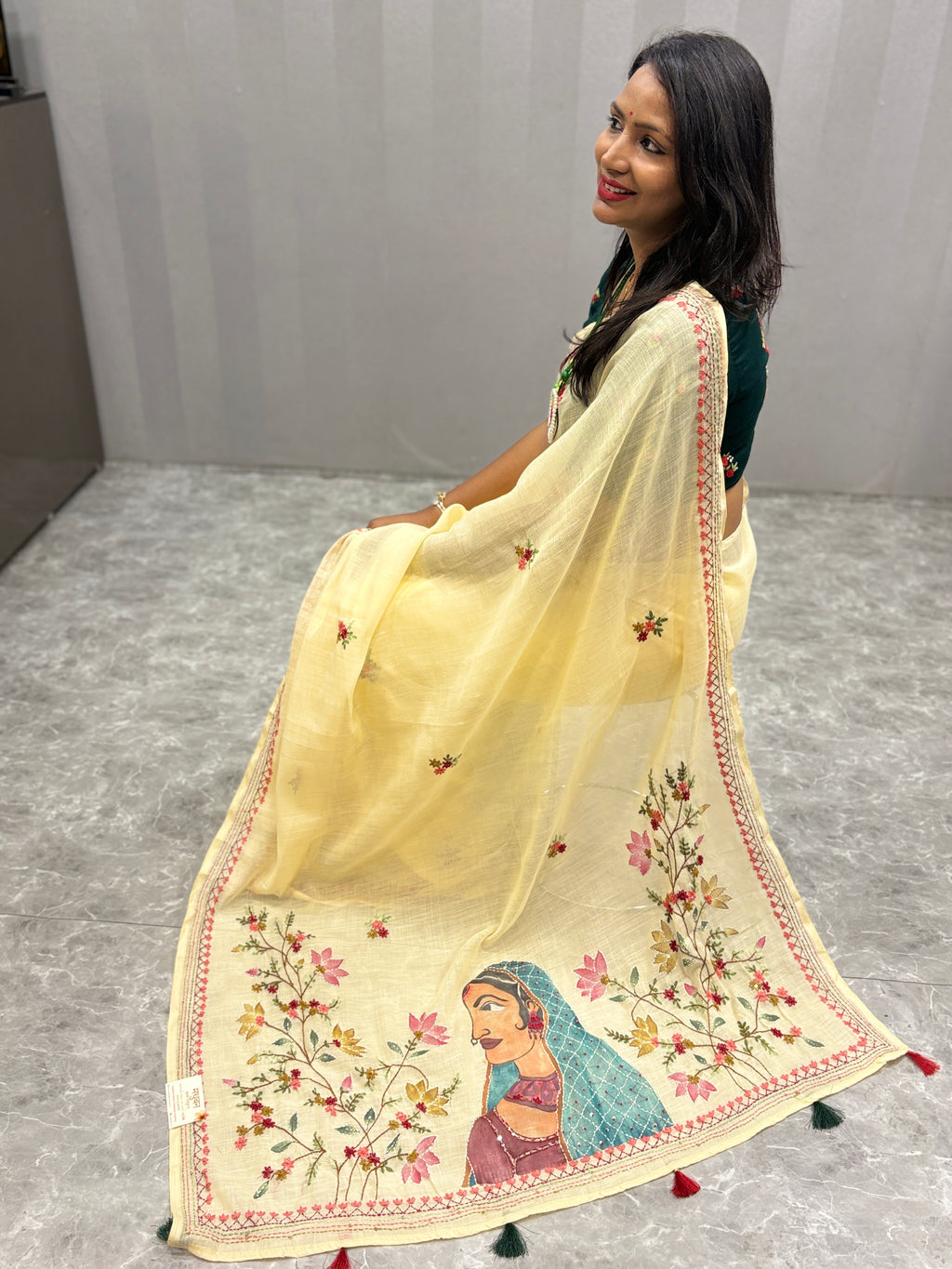 Lady face handpainted and hardwork linen saree|Lemon yellow|HPHWL004