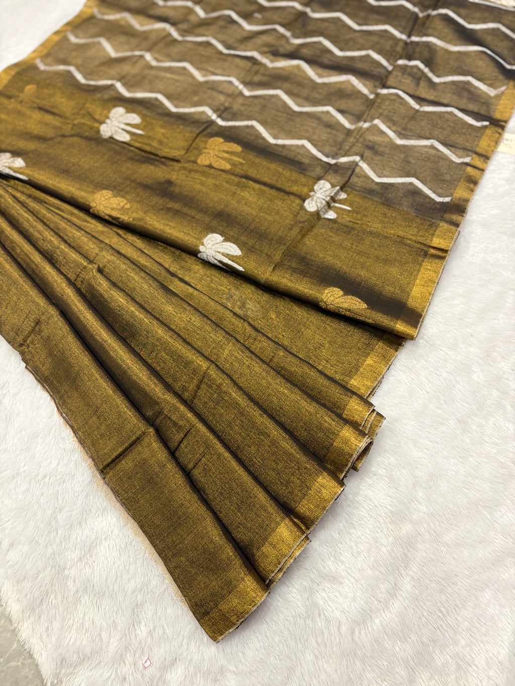 Tissue linen dragonfly saree with zari pallu | Copper|TL005