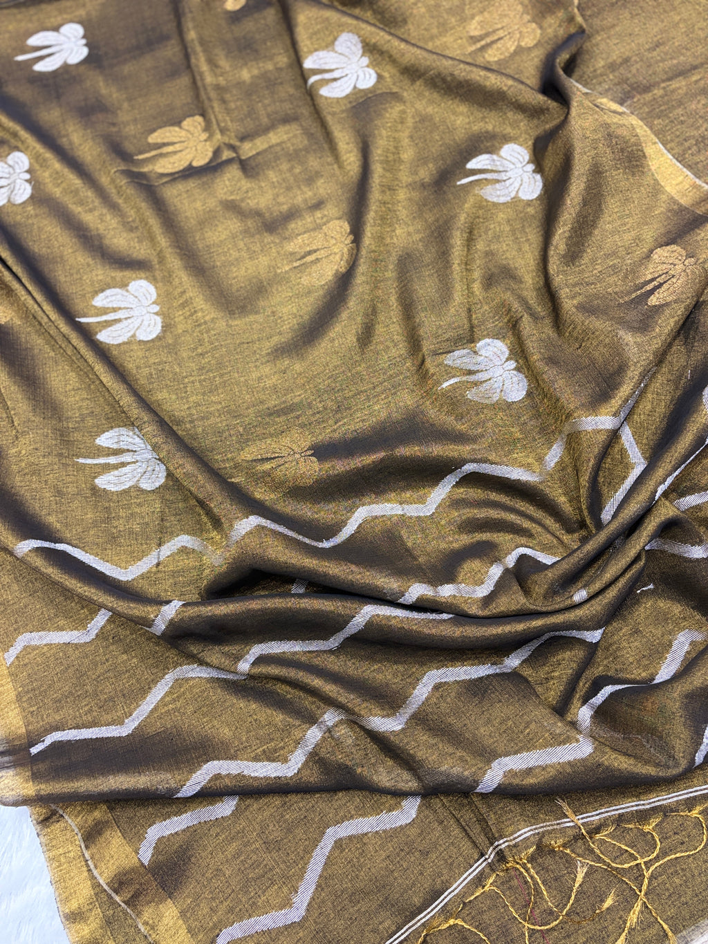 Tissue linen dragonfly saree with zari pallu | Copper|TL005