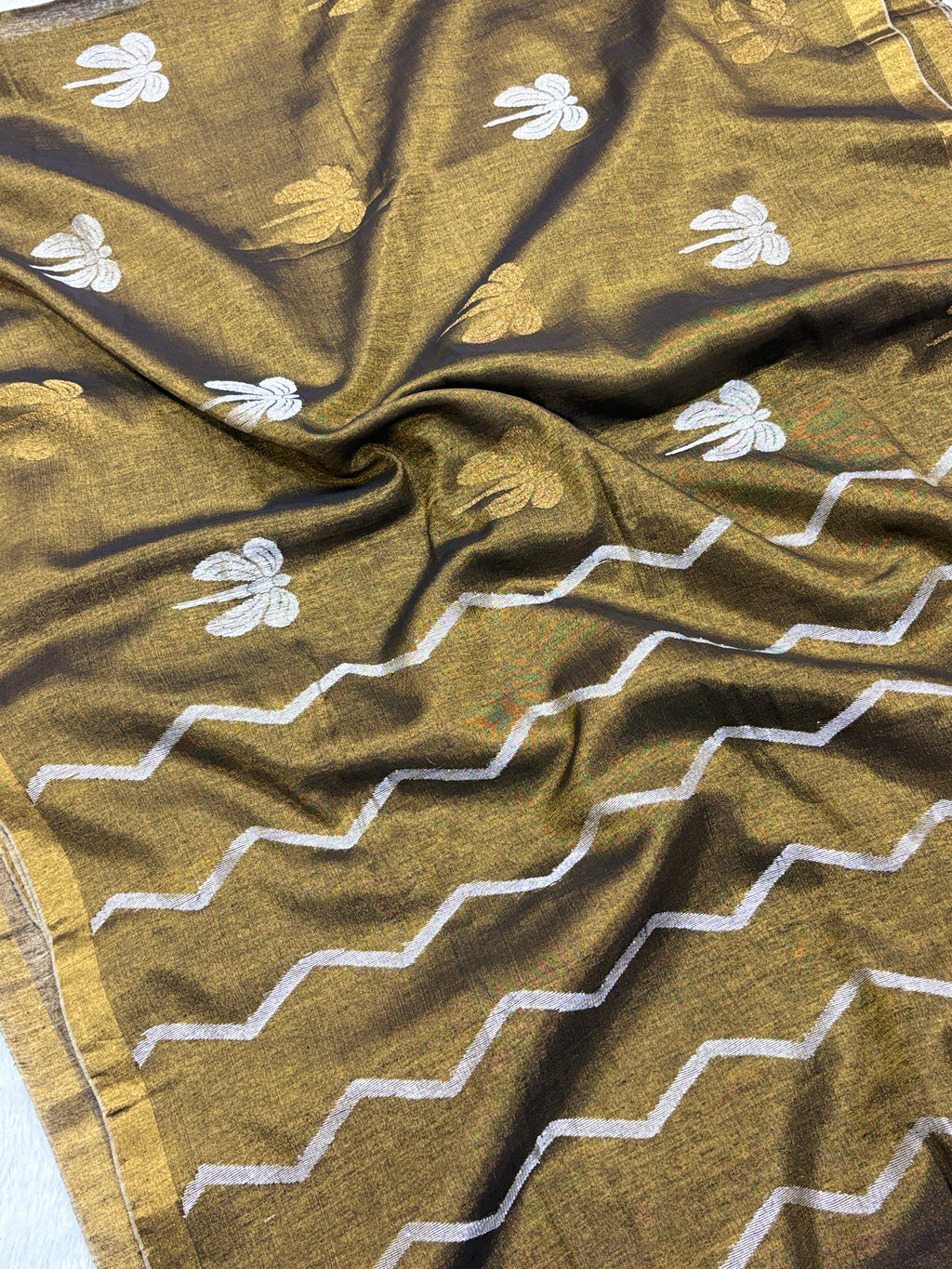 Tissue linen dragonfly saree with zari pallu | Copper|TL005