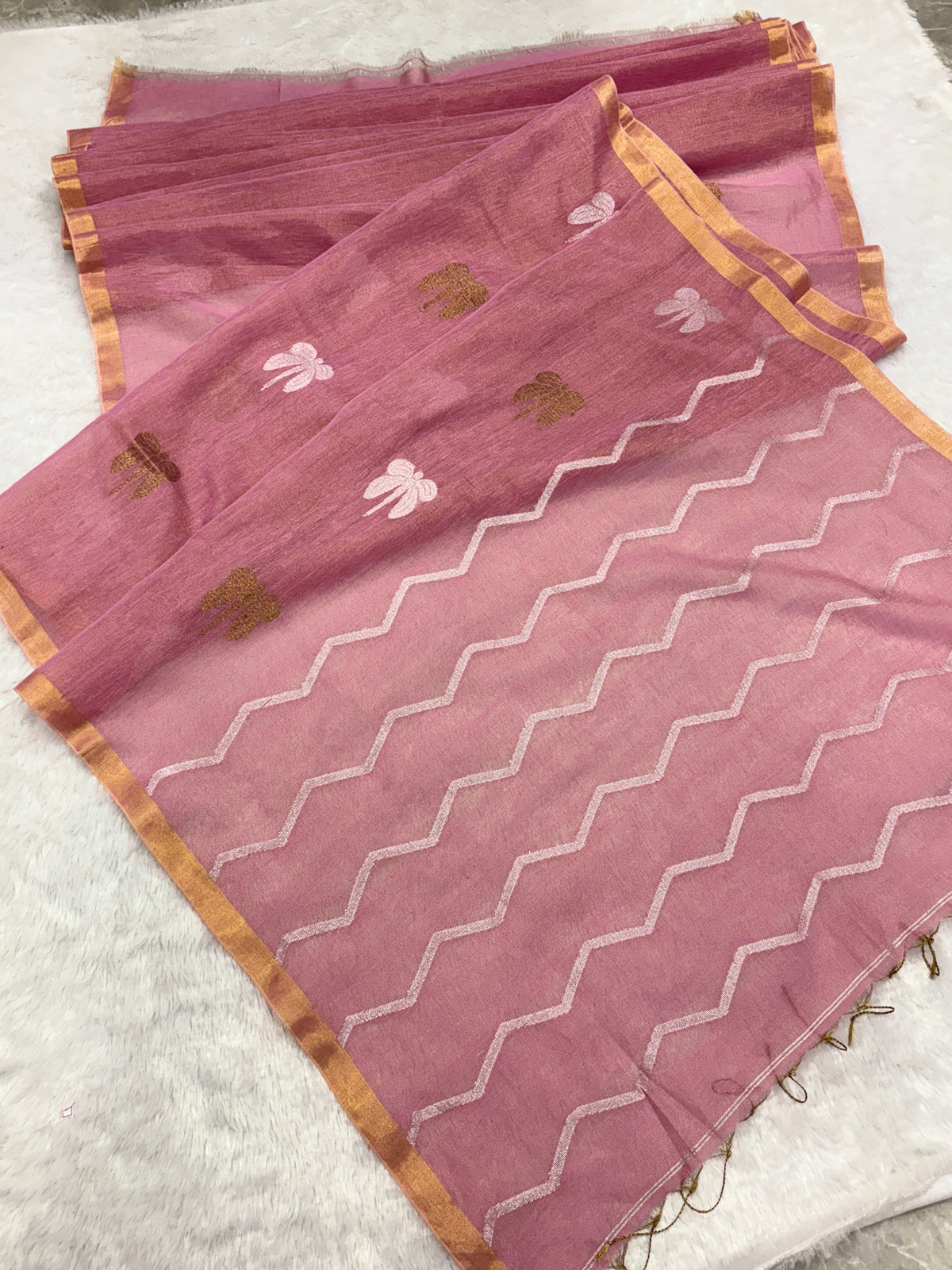 Tissue linen dragonfly saree with zari pallu |Baby pink|TL003